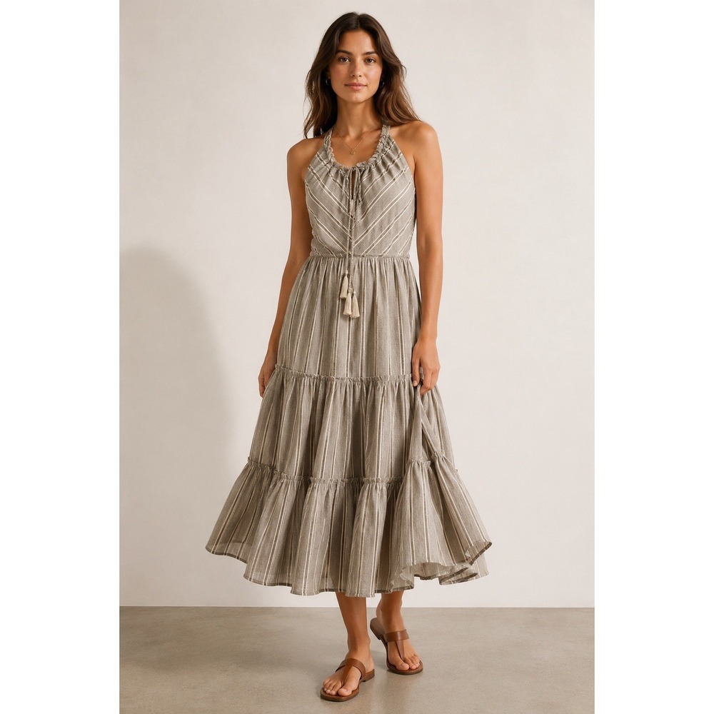 Love The Label Tiered Maxi Dress L Beige Metallic Gold Thread Tassel Tie Boho
